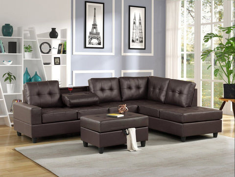 1HEIGHTS - Espresso Leather Reversible Sectional Sofa and Storage Ottoman Set