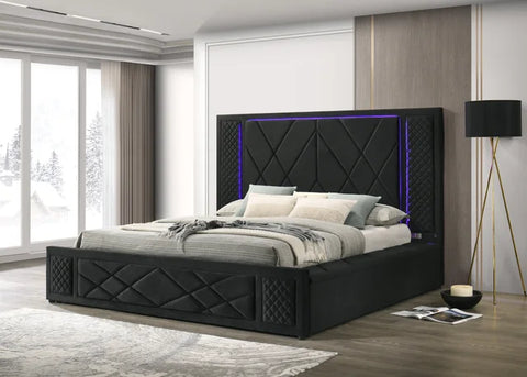 Lorenzo Black Platform Bed (w/ LED lights and Bluetooth Speakers) in Queen & King Size