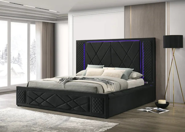 Lorenzo Black Platform Bed (w/ LED lights and Bluetooth Speakers) in Queen & King Size