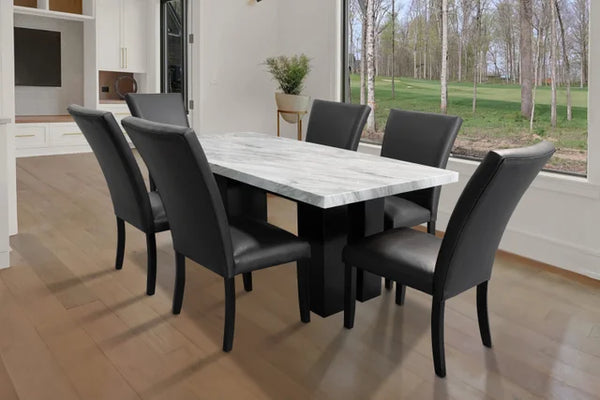 1220 - (FAUX MARBLE) Dining Table + 6 Velvet Upholstered Chairs