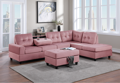 23Heights Reversible Sectional + Storage Ottoman - Pink Velvet