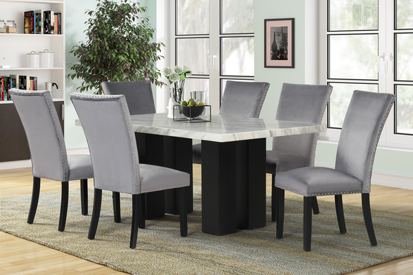 1220 - (FAUX MARBLE) Dining Table + 6 Velvet Upholstered Chairs