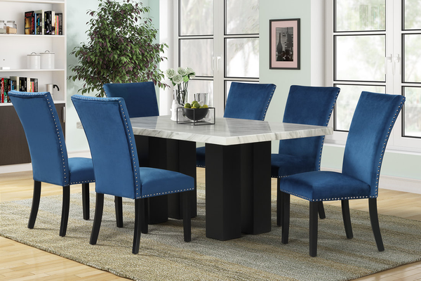 1220 - (FAUX MARBLE) Dining Table + 6 Velvet Upholstered Chairs