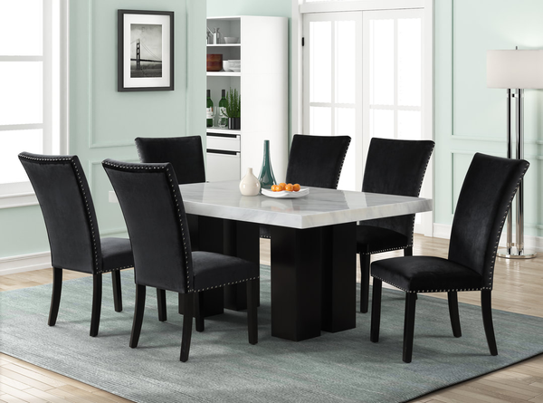 1220 - (FAUX MARBLE) Dining Table + 6 Velvet Upholstered Chairs