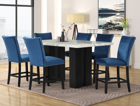 2220 - (FAUX MARBLE) Blue Counter Height Table + 6 Chairs