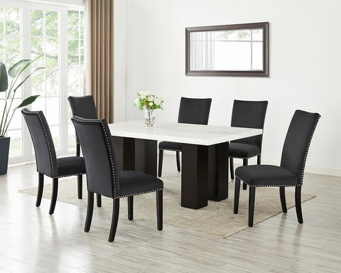 Finland Table & 6-Chairs (GENUINE MARBLE) - Available in Black, Grey, Blue, & PU