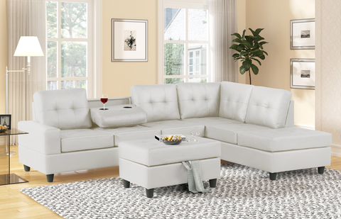 10Heights Reversible White Leather Sectional Sofa with Storage Ottoman Set