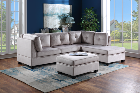 Sienna - Silver Velvet Sectional + Ottoman Set (Silver Velvet)