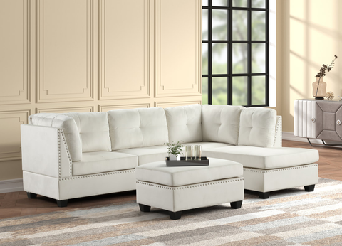 Sienna - Beige Velvet Sectional + Ottoman Set **NEW ARRIVAL**