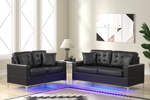 Miami - 2pc Sofa & Loveseat Set with LED Lights available in Black and White