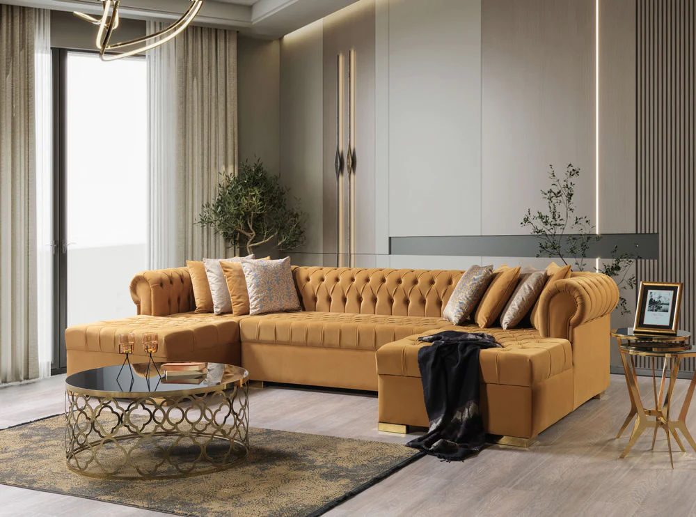 Lauren Mustard Velvet Double Chaise Sectional