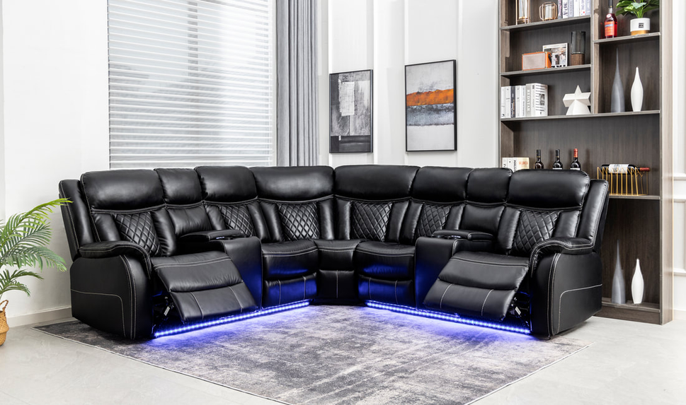 Batman Power Reclining Sectional with LED lights available in Black and Espresso