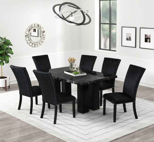 1220 - (FAUX MARBLE) Dining Table + 6 Velvet Upholstered Chairs