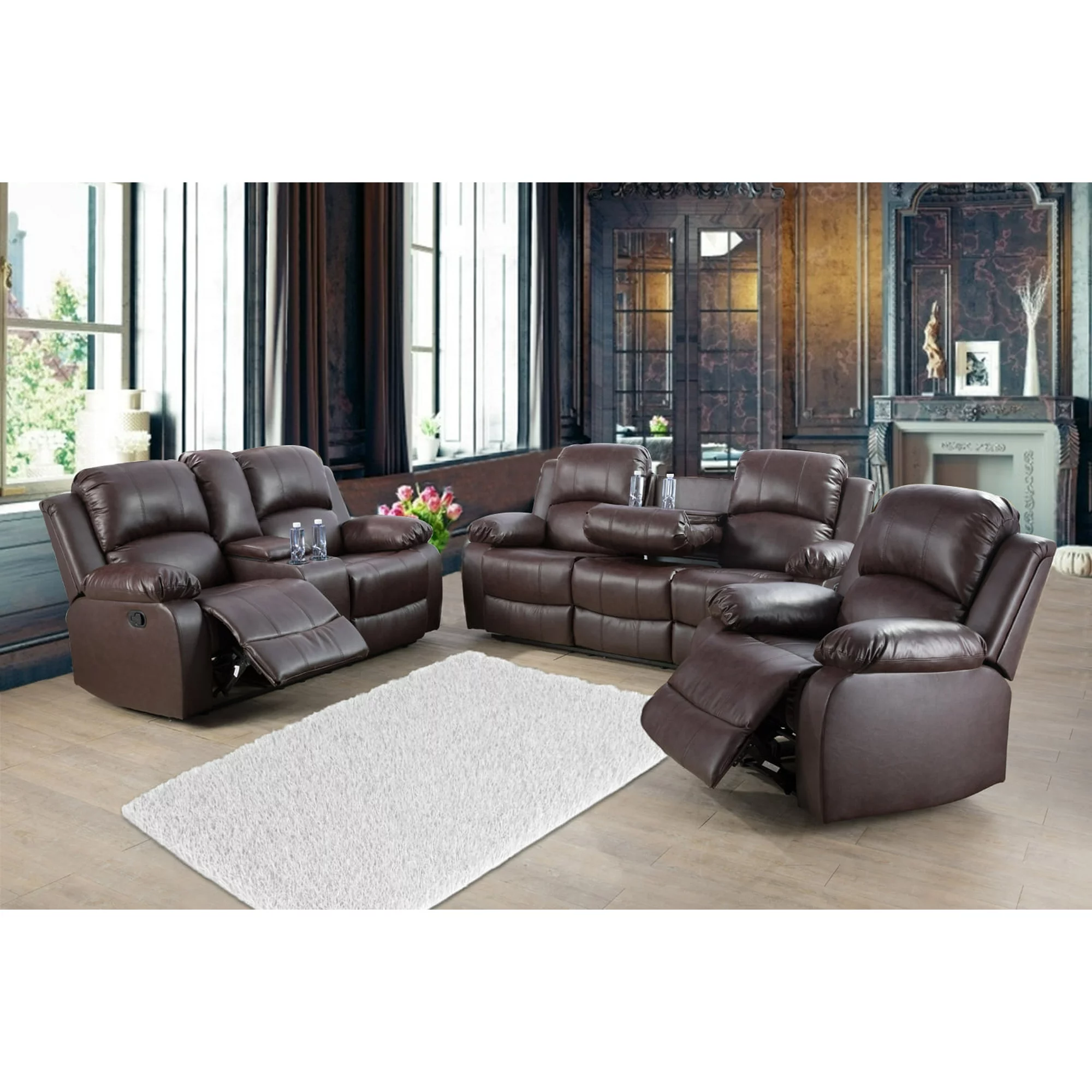 Ainehome 3-Pcs Recliner Sectional Sofa Set Brown Bonded Leather