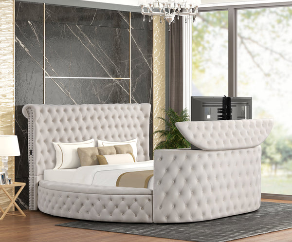 PATRON BEIGE PLATFORM BED WITH TV STAND IN FOOTBOARD AVAILABLE IN QUEEN AND KING SIZES