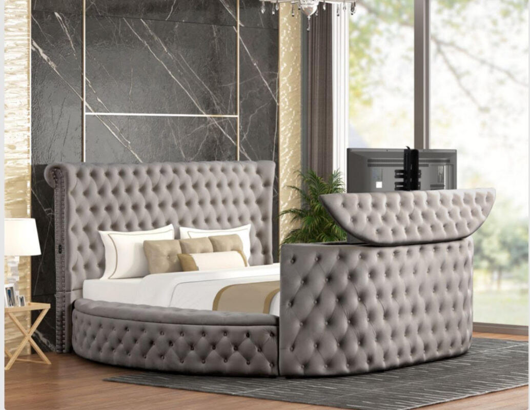 PATRON GRAY PLATFORM BED WITH TV STAND IN FOOTBOARD AVAILABLE IN QUEEN AND KING SIZES