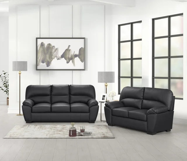 TIFFANY FAUX LEATHER BLACK LIVING ROOM SET AVAILABLE AS 2 PIECE OR 3 PIECE SET