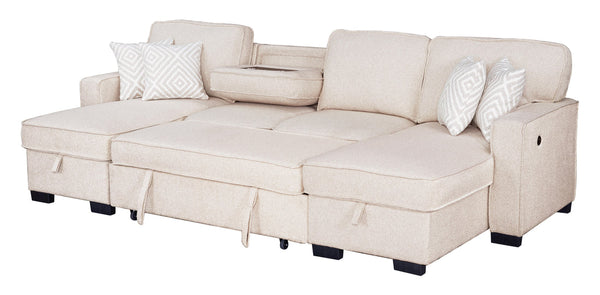 SAHARA BEIGE DOUBLE STORAGE CHAISE SECTIONAL W/ DROP DOWN CUPHOLDERS