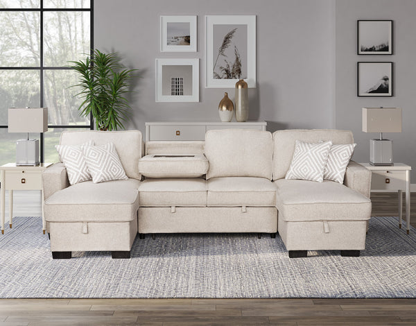 SAHARA BEIGE DOUBLE STORAGE CHAISE SECTIONAL W/ DROP DOWN CUPHOLDERS