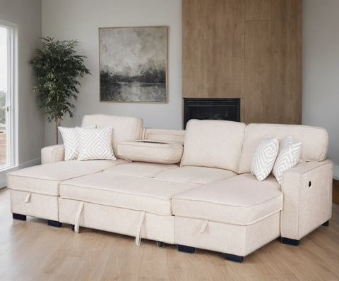 SAHARA BEIGE DOUBLE STORAGE CHAISE SECTIONAL W/ DROP DOWN CUPHOLDERS