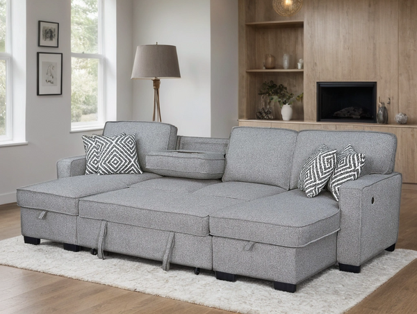 SAHARA GREY DOUBLE STORAGE CHAISE SECTIONAL W/ DROP DOWN CUPHOLDERS