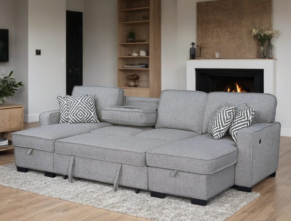 SAHARA GREY DOUBLE STORAGE CHAISE SECTIONAL W/ DROP DOWN CUPHOLDERS